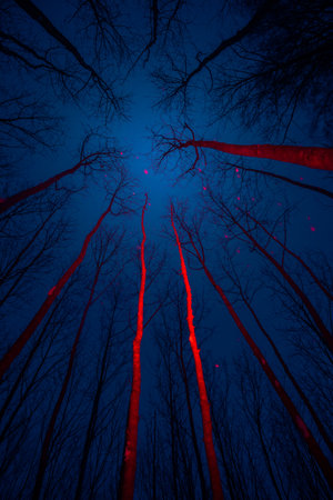 An artistic winter scene in forest with trees light with red artificial light. Snowy lanscape with pink light effects.の写真素材