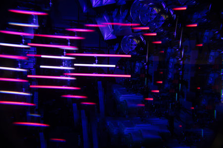 Abstract fractal prism creating an artistic composition of LED light tubes. RGB lights in artistic...