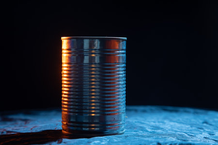 A beautiful studio shot of an empty food can with light reflections. Orange and blue light.の写真素材