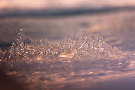 Gilded Winter: Translucent Ice Awakens in Golden Sunrise in Northern Europeの写真素材