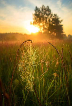 Misty Serenity: Enchanting Summer Morning in the Foggy Meadow in Northern Europeの写真素材