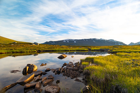 A beautiful small mountain lake in Sarek National Park, Sweden during august. Summer landscape of...