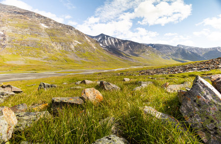 A beautiful summer landscape of Sarek National Park with river. Wild scenery of Northern Europe.の写真素材