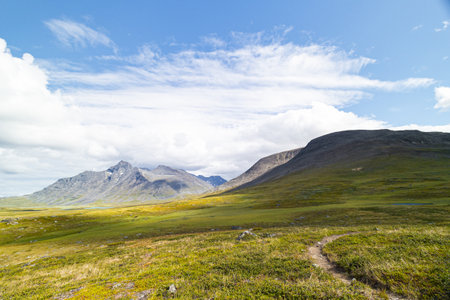 A beautiful summer landscape with mountains of Sarek National Park, Sweden. Wild scenery of Northern Europe.の写真素材