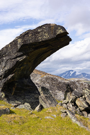 Large rock formation in Sarek National Park, Sweden. Summer landscape of Northern Europe mountain wilderness area.の写真素材