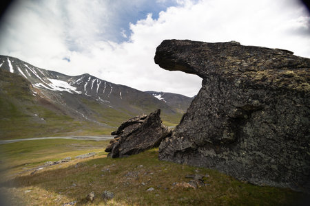 Large rock formation in Sarek National Park, Sweden. Summer landscape of Northern Europe mountain wilderness area.の写真素材