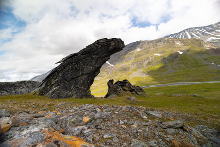 Large rock formation in Sarek National Park, Sweden. Summer landscape of Northern Europe mountain wilderness area.の写真素材