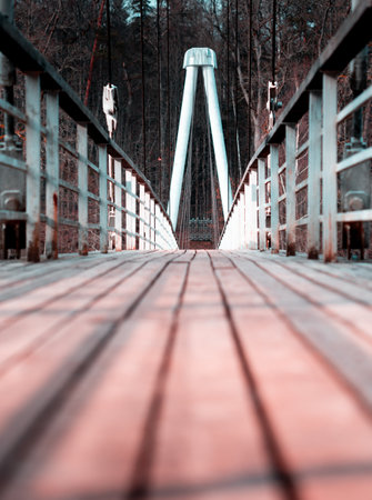 An early spring landscape with wooden walking bridge over the river. Natural rural sceney in Northern Europe.の写真素材