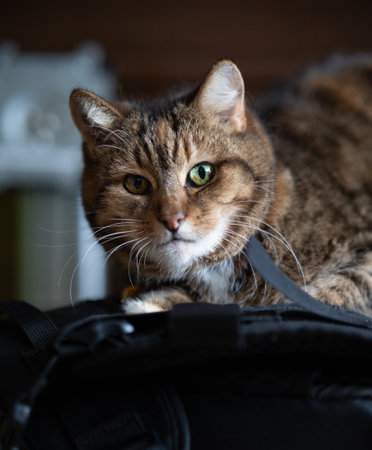 A beautiful tricolor house cat sitting indoors. Cute portrait of a pet.の写真素材