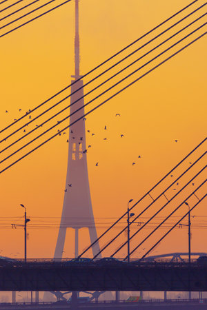 A beautiful Riga cityscape with suspension bridge over the riwer during colorful sunrise. Buildings against colorful sky. Norther Europe morning with warm sky.の写真素材