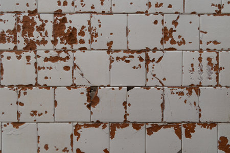 An old enamel tile wall texture. Cracked, abandoned building wall from Soviet times in Latvia, Europe.の写真素材