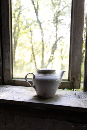 An old, broken window of a rural homestead in Latvia, Europe. Overgrown ruin of collapsed, abandoned house.の写真素材