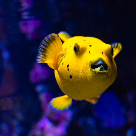 Beautiful underwater scenery in aquarium with yellow fish. Tropical underwater life.の写真素材