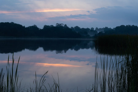 A beautiful summer morning with a fog over the lake. Natural misty scenery of rural Latvia, Northern Europe.の写真素材