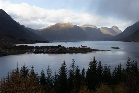 Dramatic landscape of fjords in Lofoten islands, Norway during overcast autumn day. Seasonal scenery of Scandinavia.の写真素材