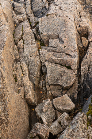 Beautiful rocky shore landscape at fjords in Lofoten islands, Norway in sunny autumn day. Seasonal...