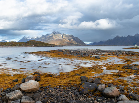 A beautiful autumn landscape of a fjord coast near Svolvaer, Lofoten istands, Norway in sunny day.の写真素材