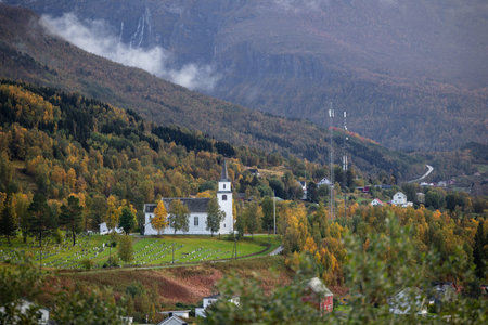 Beautiful autumn scenery of rural Northern Norway. Seasonal scenery of Scandinavia.の写真素材