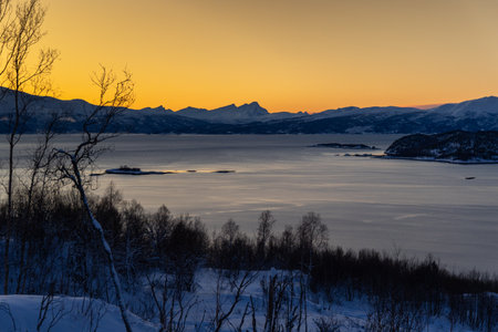 A beautiful landscape of a Norway fjord with snowy mountains during the arctic day. Arctic nature in...