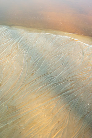 Beautiful sand patterns at the beach of Baltic Sea. Sunny day scenery of Latvia coastline.