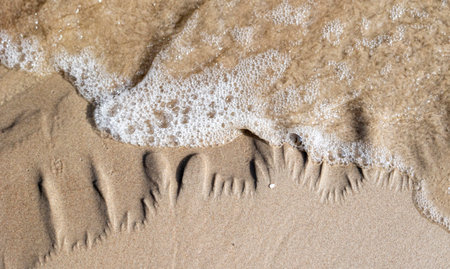 Beautiful ornamental sand patterns made by flowing water on the beach of Baltic Sea. Sunny summer day in Latvia.の写真素材