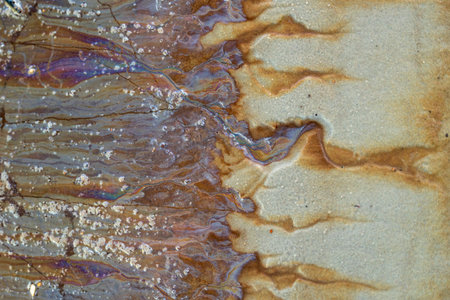 Colorful patterns of a natural substance seeping out on a swampy beach. Sunny day on the coast of Baltic Sea, Latva.の写真素材