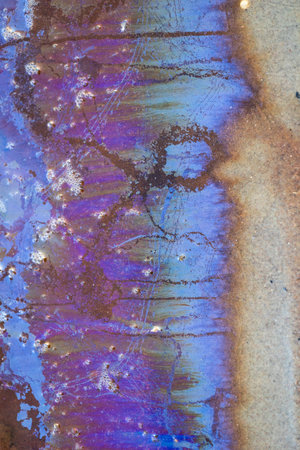 Colorful patterns of a natural oily substance seeping out on a swampy beach. Sunny day on the coast of Baltic Sea, Latvia.の写真素材