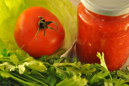 Homemade preserves - red paprika jar and vegetablesの写真素材