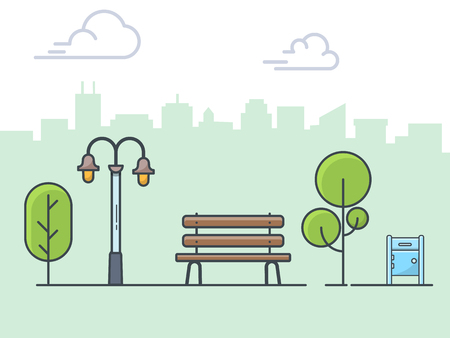 City park , wooden bench, street lamp, mailbox linear illustrationのイラスト素材