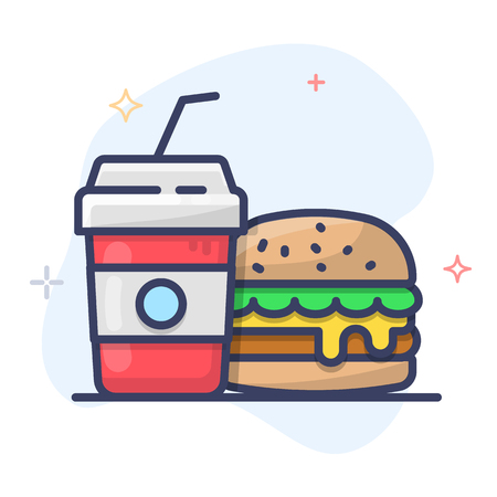 Burger Vector Icon. Fast Food Vector Line Icon. Plastic Soda Drink Cup Outline Illustration.のイラスト素材
