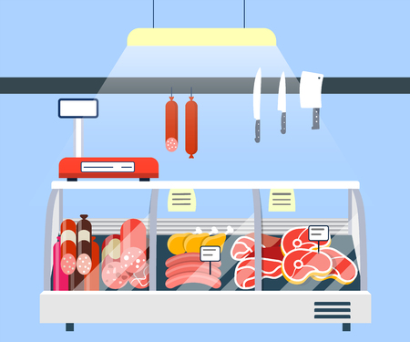Meat Stand in Supermarket, Meat Display Refrigerator Showcase vector illustrationのイラスト素材