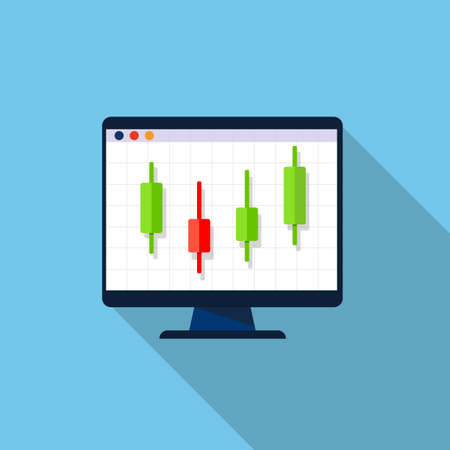 Candlestick stock chart on a computer monitor flat illustration. Candlestick pattern vector icon.のイラスト素材