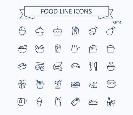 Food and drink line mini icons set. 24x24 px. Pixel Perfect. Editable stroke.のイラスト素材