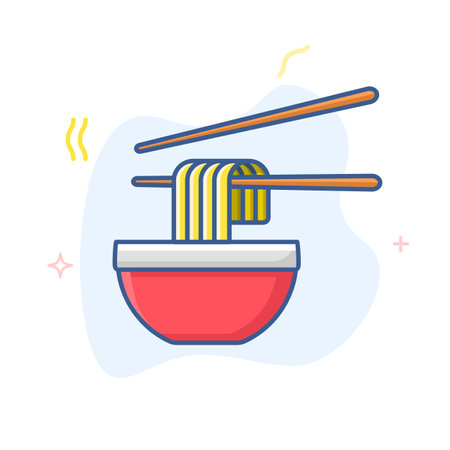 Chinese noodles in red bowl with chopsticks linear vector icon. Ramen noodle soup vector line illustration.のイラスト素材