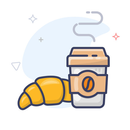 Croissant with coffee cup vector line icon. French breakfast outline illustration. Coffee and croissant logo.のイラスト素材