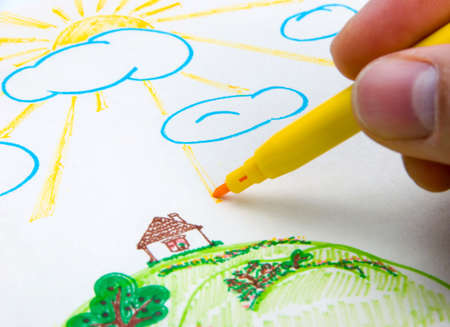 Hand drawing - the house on a hill, sun beams and clouds