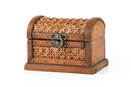 Closed wooden chest isolated over white backgroundの写真素材