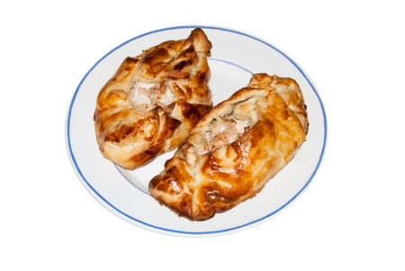 Homemade rasstegai with fish on the plate over whiteの写真素材