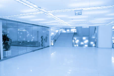 Fragment of modern interior in trading centre in blue tonesの写真素材