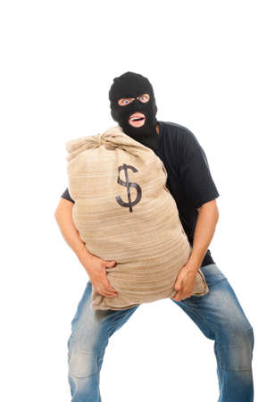 Happy robber with sack full of dollars isolated on whiteの写真素材