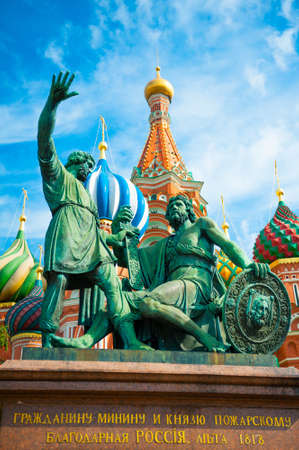 Monument to Minin and Pozharsky on the Red Square in Moscow Russia. Saint Basil's Cathedral on the background.の写真素材