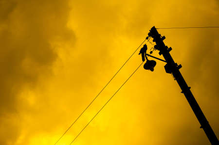 Dramatic background with yellow sky and silhouette of a bird sitting on a lamp post. Room for text.の写真素材