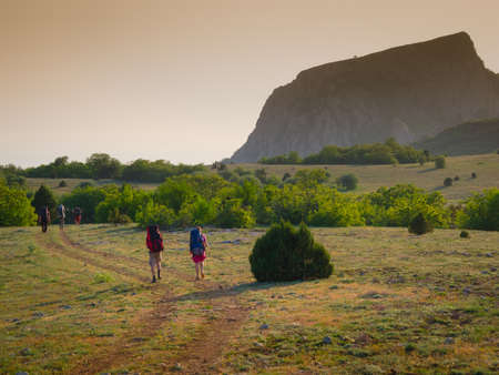 Young people hikes in Crimea mountainsの写真素材