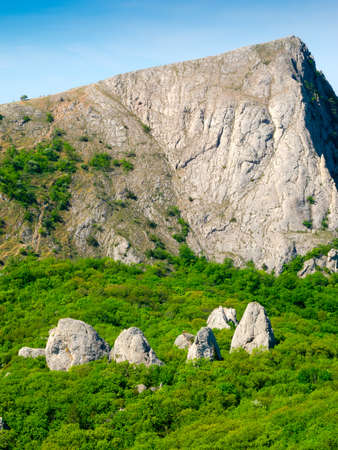 Summer mountain landscape: 681m Ilyas-Kaya and Sun Temple, near Laspi, Crimea, Ukraineの写真素材