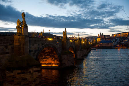 The Charles Bridge (Czech: KarlÅ¯v most) at evening, Prague, Czech Republicの写真素材