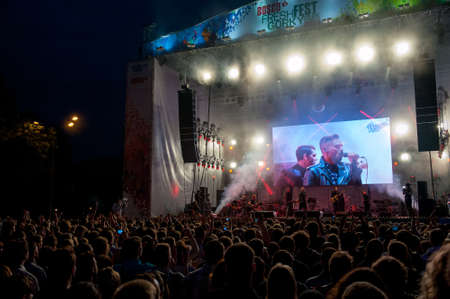 MOSCOW - MAY 25: Tesla Boy group performs at Bosco Fresh Fest in Gorky Park on May 25, 2013 in Moscow. The mission of this festival is to find new talent and releasing them on the big stageのeditorial素材