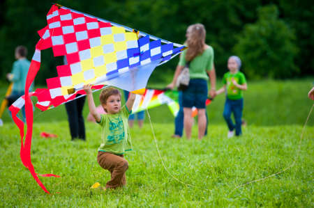 MOSCOW - MAY 25: Unidentified child flies kite at the kite festival in the park Tsaritsyno on May 25, 2013 in Moscow.のeditorial素材