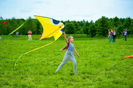 MOSCOW - MAY 25: Unidentified child flies kite at the kite festival in the park Tsaritsyno on May 25, 2013 in Moscow.のeditorial素材