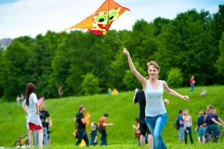 MOSCOW - MAY 25: Unidentified child flies kite at the kite festival in the park Tsaritsyno on May 25, 2013 in Moscow.のeditorial素材