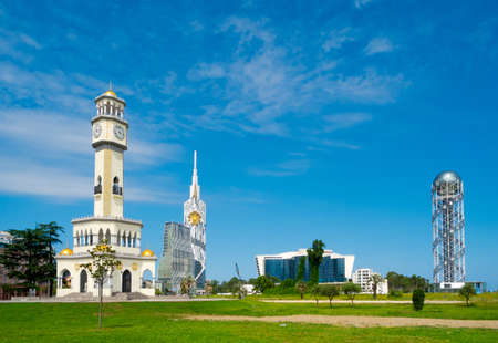 BATUMI, GEORGIA - JULY 7: The mosque, the Kempinski Hotel and Tower Alphabet on July 7, 2013 in Batumi, Georgia. In recent years Batumi is a lot of modern construction for tourism developmentのeditorial素材